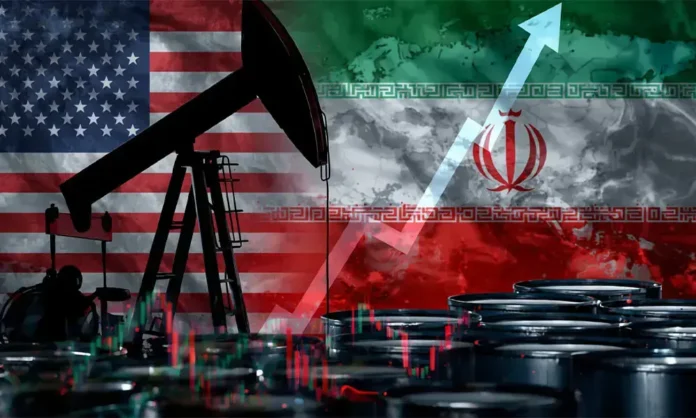 Oil barrels with declining price chart after U.S. and Iran pause hostilities.
