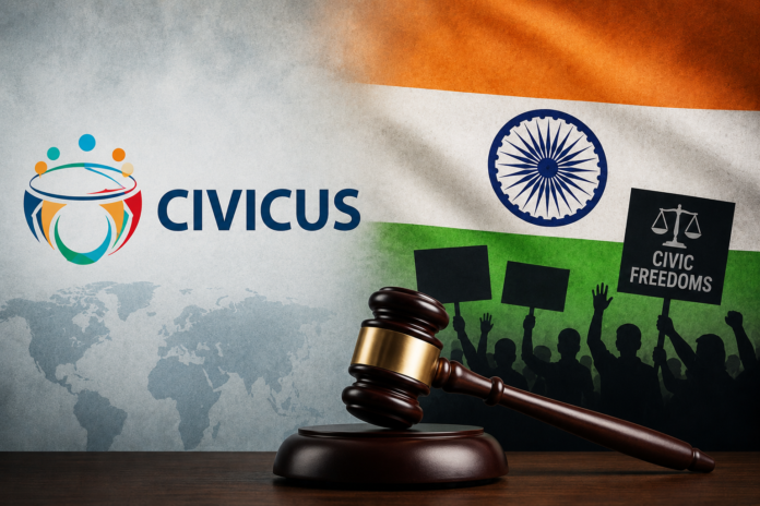 CIVICUS logo alongside an image representing civic freedoms and democratic rights after the organization placed India on its latest watchlist.