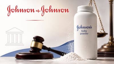 Johnson & Johnson baby powder bottle with a legal gavel and courthouse background, representing the company's $5.5 billion settlement over ovarian cancer lawsuits.
