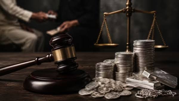Pakistan Govt Nearly Doubles Blood Money Payment Amid Rising Silver Prices Silver bars and scales of justice symbolizing Pakistan's revised Diyat (blood money) payment following a rise in silver prices.
