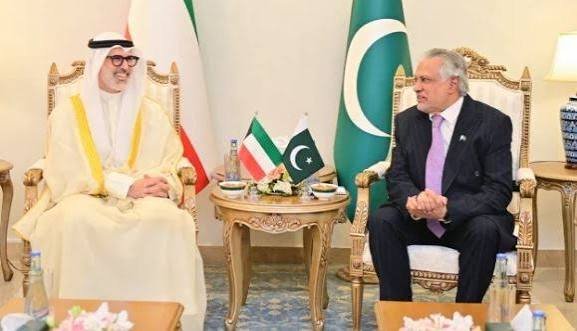Pakistan's Deputy Prime Minister Ishaq Dar meeting Kuwait's Foreign Minister during talks on the Middle East situation and bilateral relations.