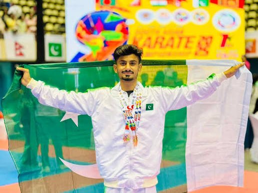 Pakistan’s Abdul Rahman Wins Bronze at South Asian Senior Karate Championship Pakistan's Abdul Rahman proudly displays his bronze medal after securing third place at the 10th South Asian Senior Karate Championship in Bangladesh while representing the Pakistan National Karate Team.