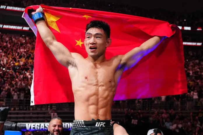 Chinese UFC fighter Song Yadong celebrates his historic victory over a Khabib Nurmagomedov team fighter.