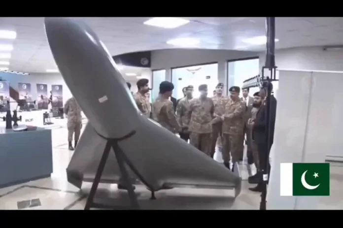 Pakistan’s D-248 long-range kamikaze drone displayed at a defence technology exhibition.