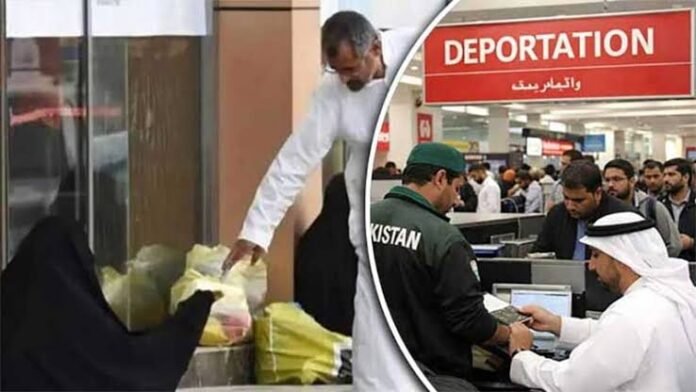 Pakistani passengers at a Gulf airport following deportation