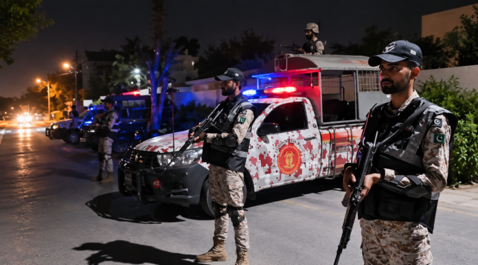 Pakistan Rangers personnel conduct a nighttime security operation in Karachi