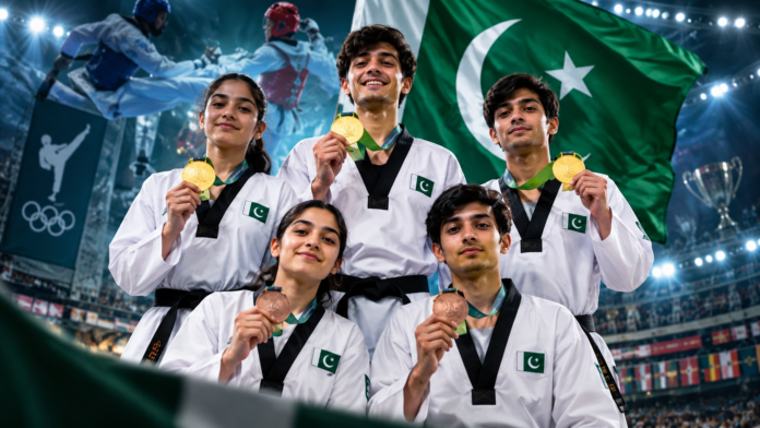 Young Pakistani taekwondo athletes celebrate winning five medals at Singapore Youth League