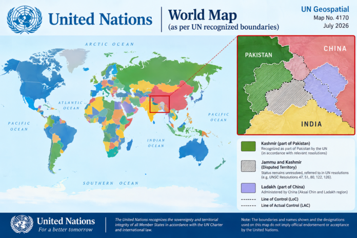 UN world map showing disputed Jammu and Kashmir and competing territorial claim lines