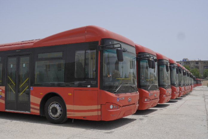 People’s Bus Service buses operating on a new route connecting Larkana, Qambar and Shahdadkot