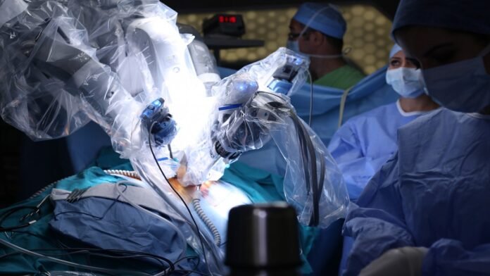 Robotic surgery being performed by medical staff at JPMC Karachi