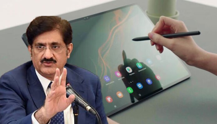 Sindh Education Minister Syed Sardar Ali Shah distributing digital tablets under a non-formal education initiative in Karachi