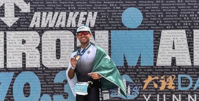 Pakistan Navy Lieutenant Shahzada Asad competing in the Ironman 70.3 Dalian endurance event in China