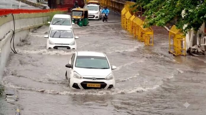 Waterlogged road in New Delhi after heavy monsoon rainfall