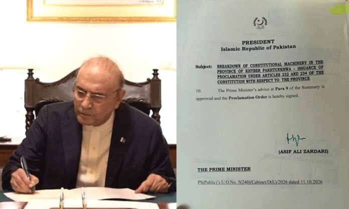 President Asif Ali Zardari approves emergency and Governor’s Rule in Khyber Pakhtunkhwa.