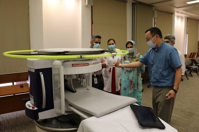 NICVD Karachi’s pediatric ward featuring a portable MRI system designed to perform scans near the beds of critically ill children, including patients on ventilators.